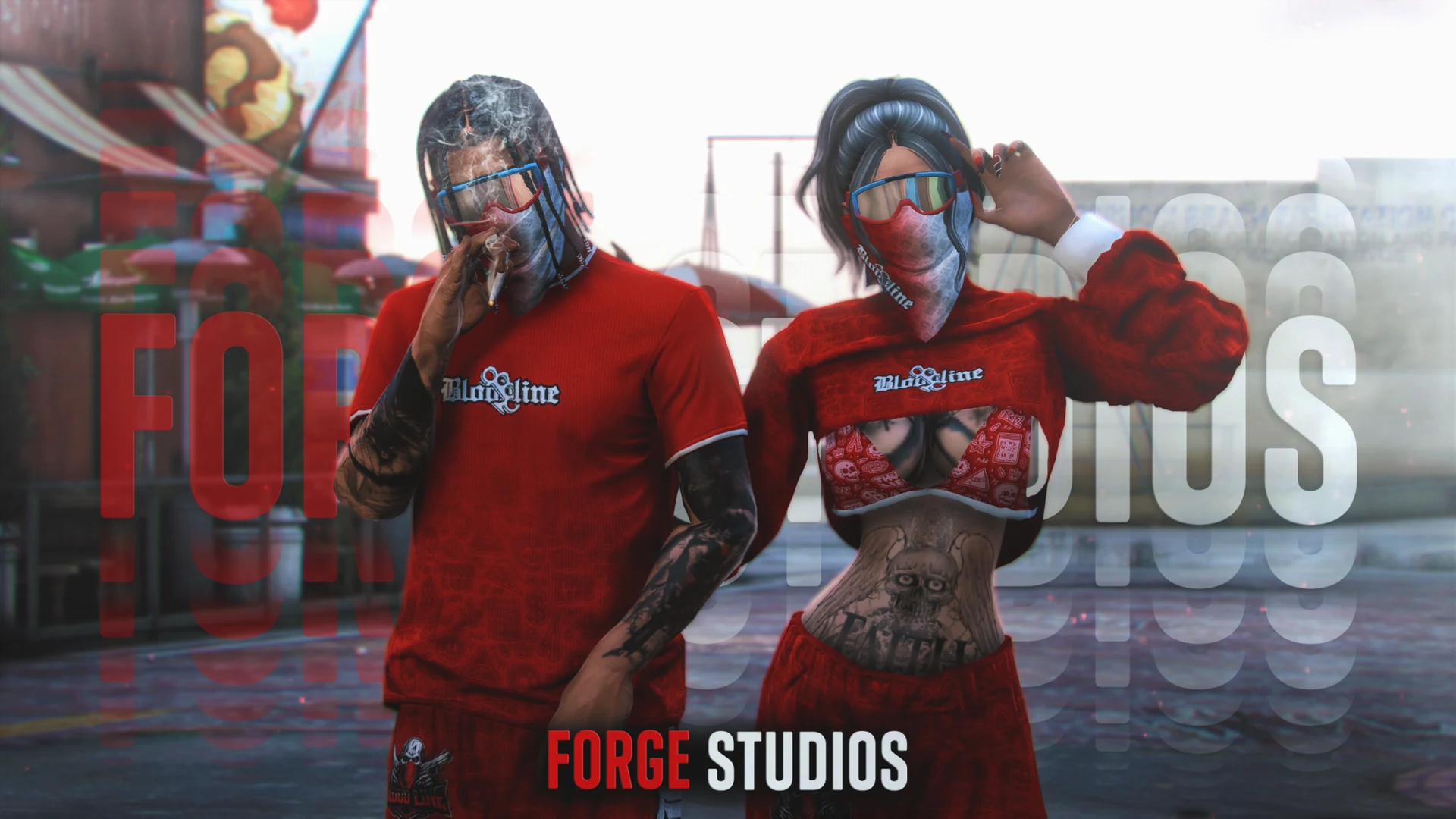 Red gang outfits on two characters – FiveM gang clothing for GTA RP (Bloodline 2.0)