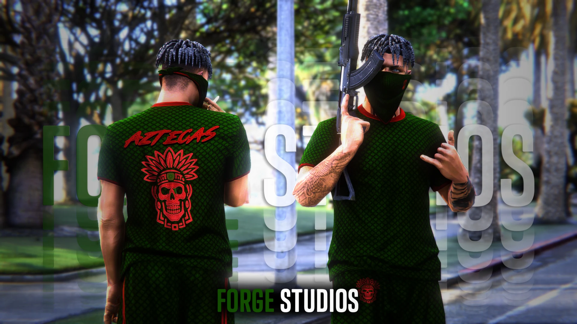 Dark green gang T-shirts with red skull graphics – FiveM gang clothing for GTA RP (Aztecas)