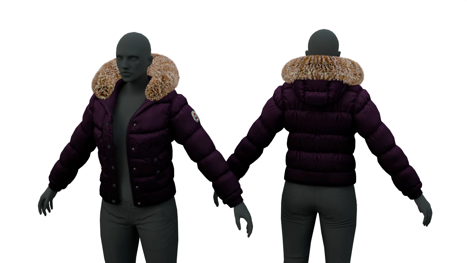 Dark purple puffer jacket with tan fur-trimmed collar – FiveM 3D clothing asset (Puffer Jacket)