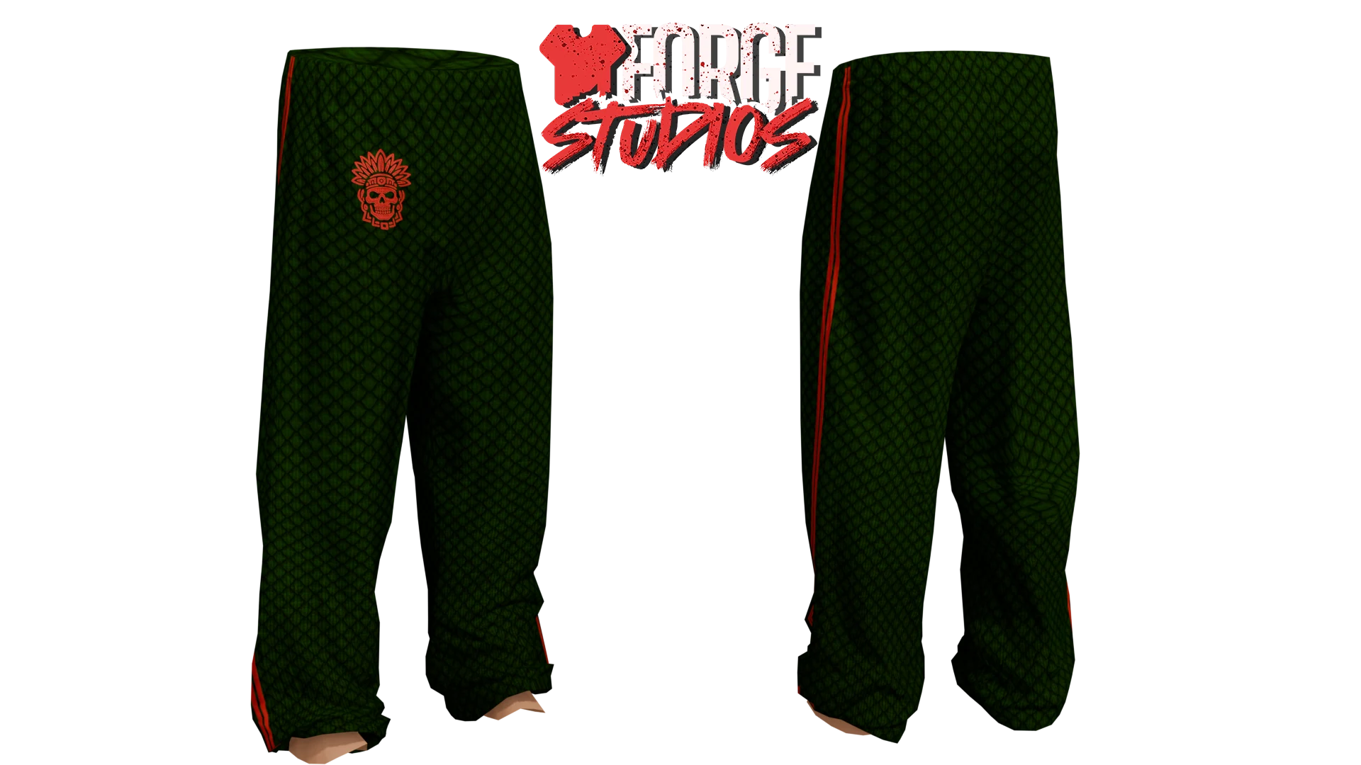 Dark green trousers with red skull motif – FiveM gang clothing for GTA RP (Aztecas)