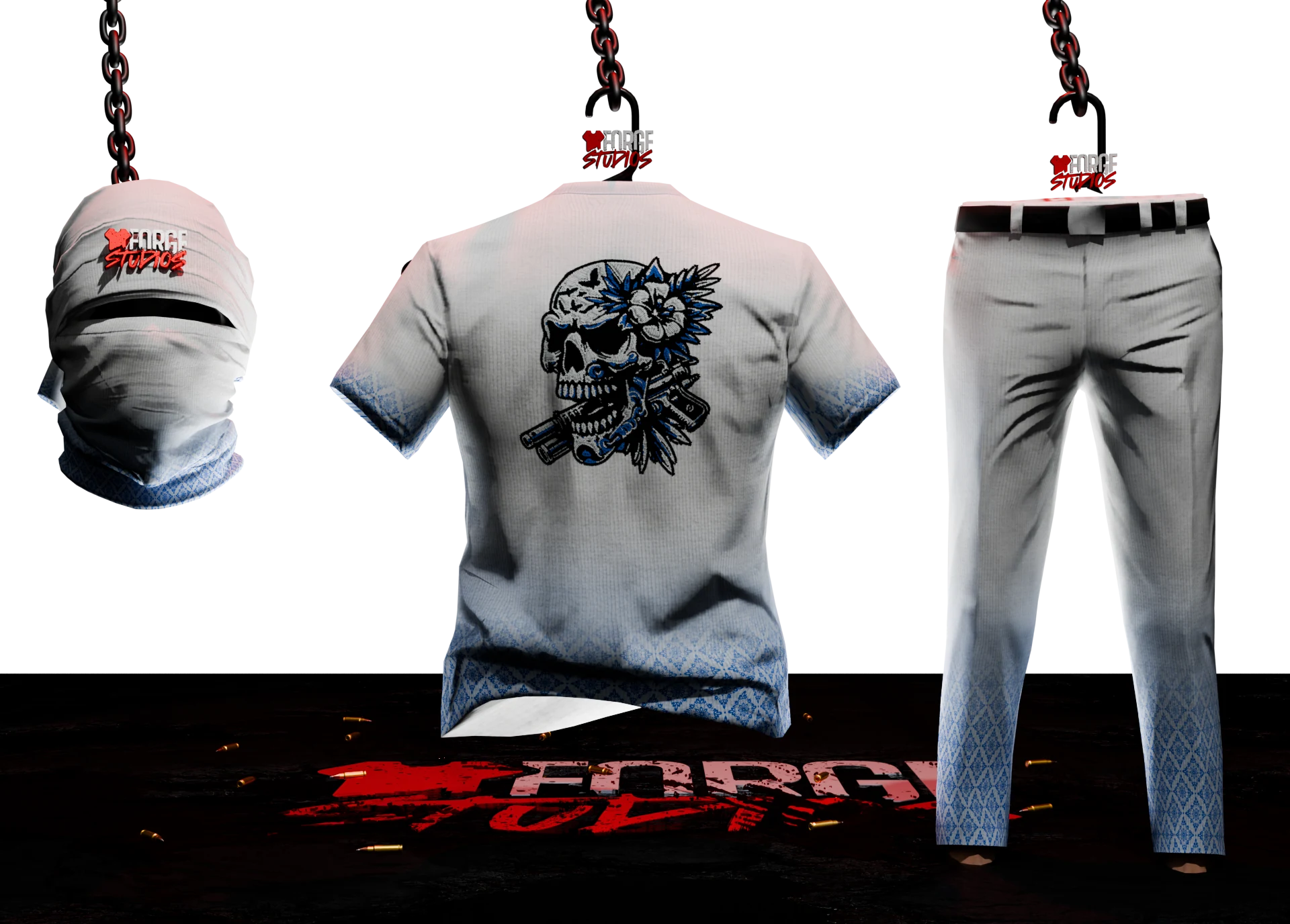 White outfit with a graphic T-shirt, face covering and trousers – FiveM faction clothing for GTA RP (Haze)