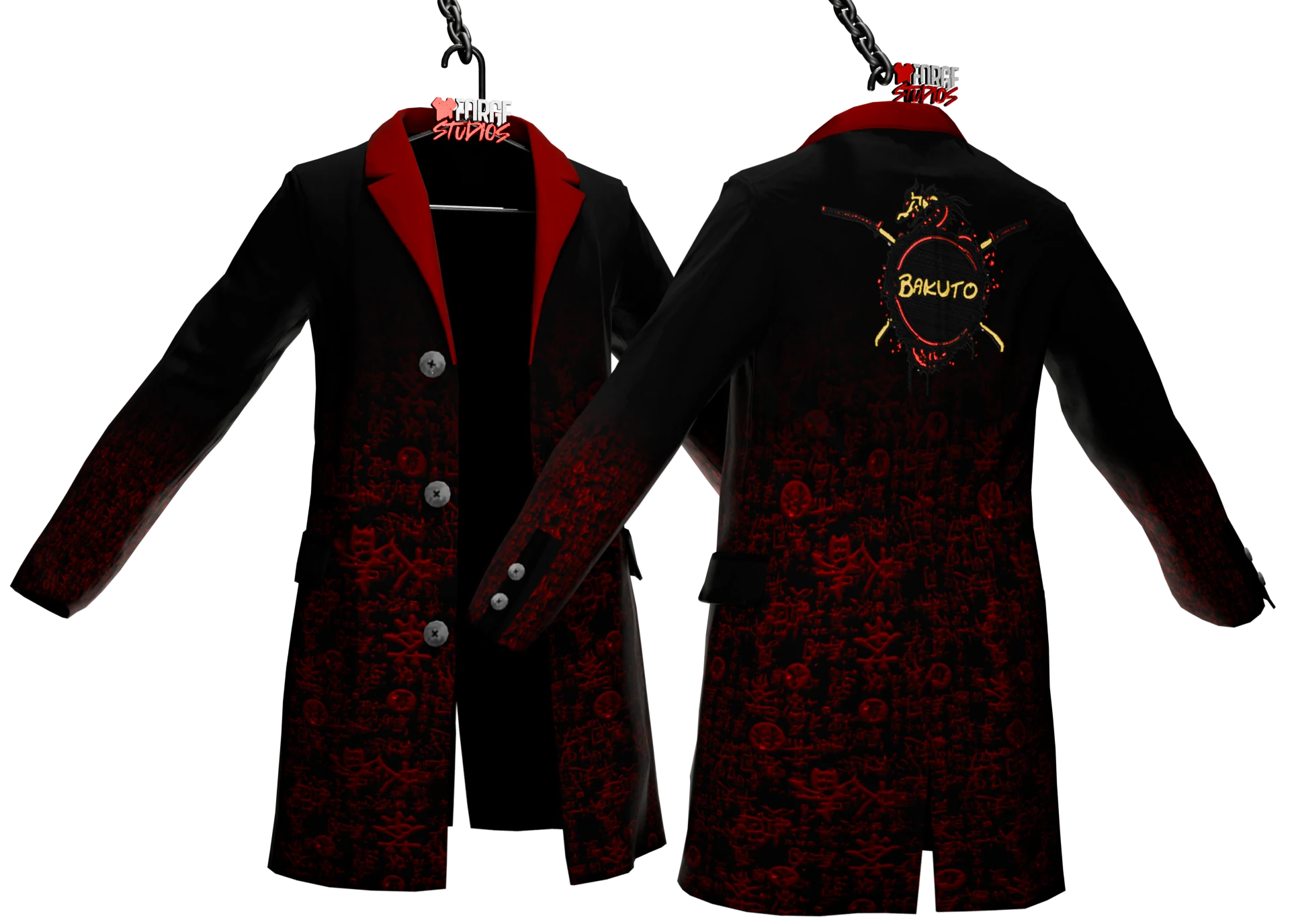 Long black coat with red lapels and pattern – FiveM faction clothing for GTA RP (Bakuto)