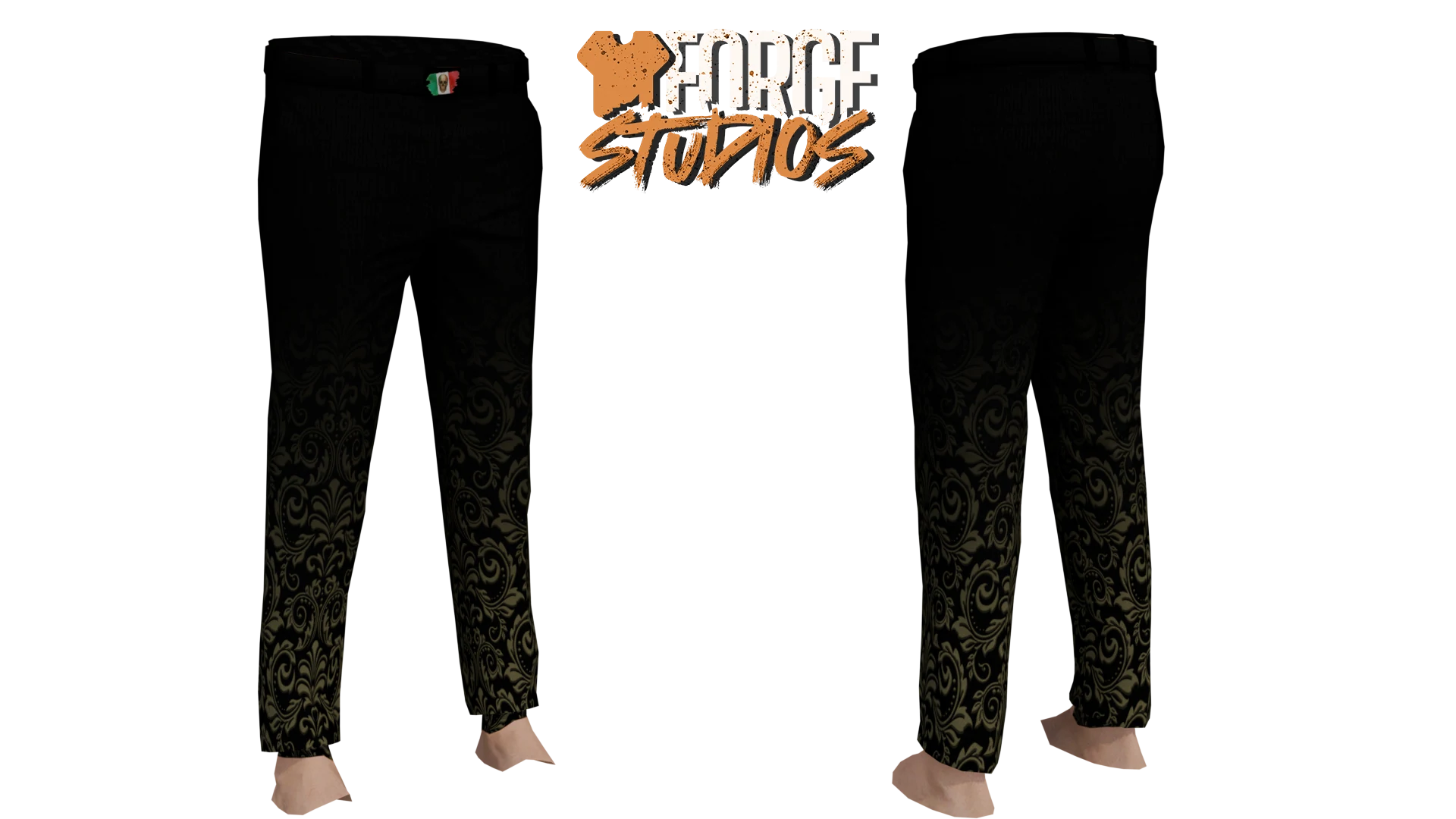 Black trousers with gold-patterned lower legs – FiveM mafia and cartel clothing (Odveta)