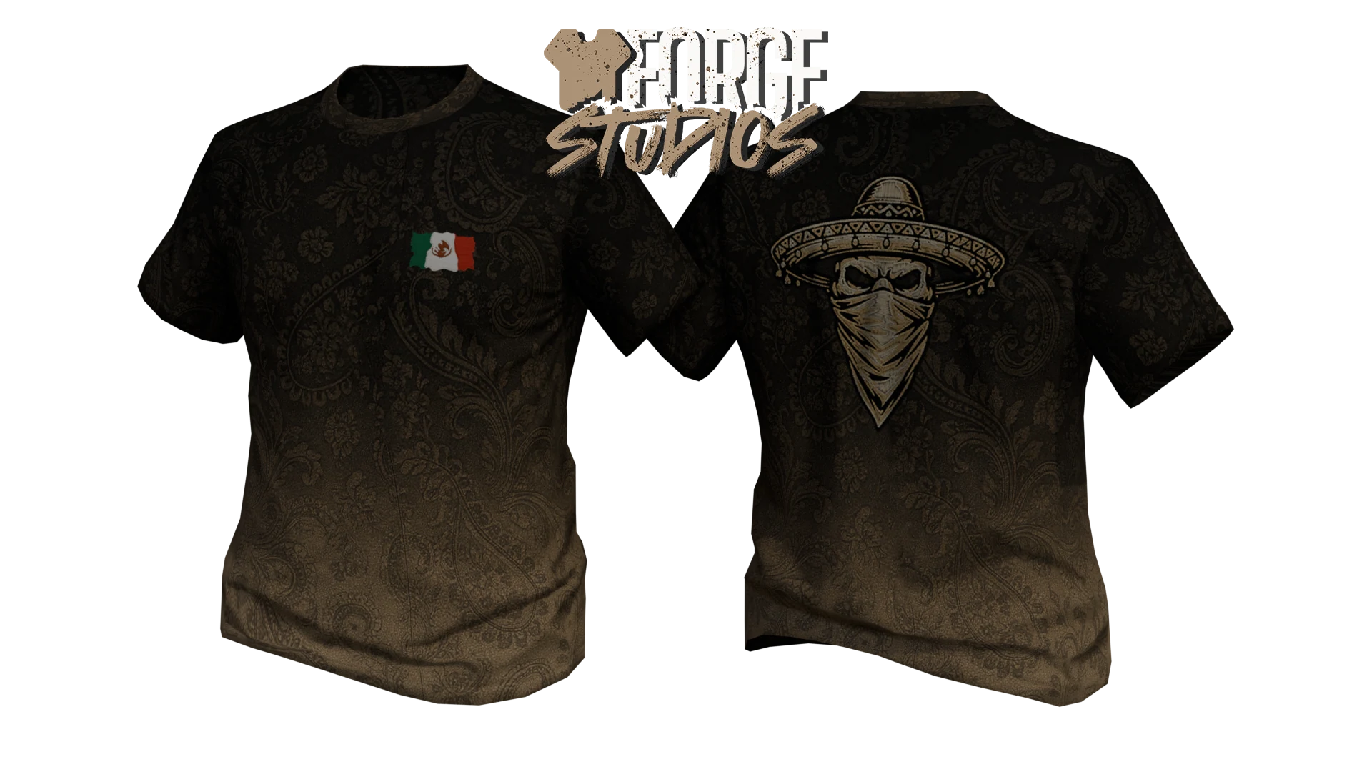 Black T-shirt fading to brown with skull motif – FiveM mafia and cartel clothing (Sicario)