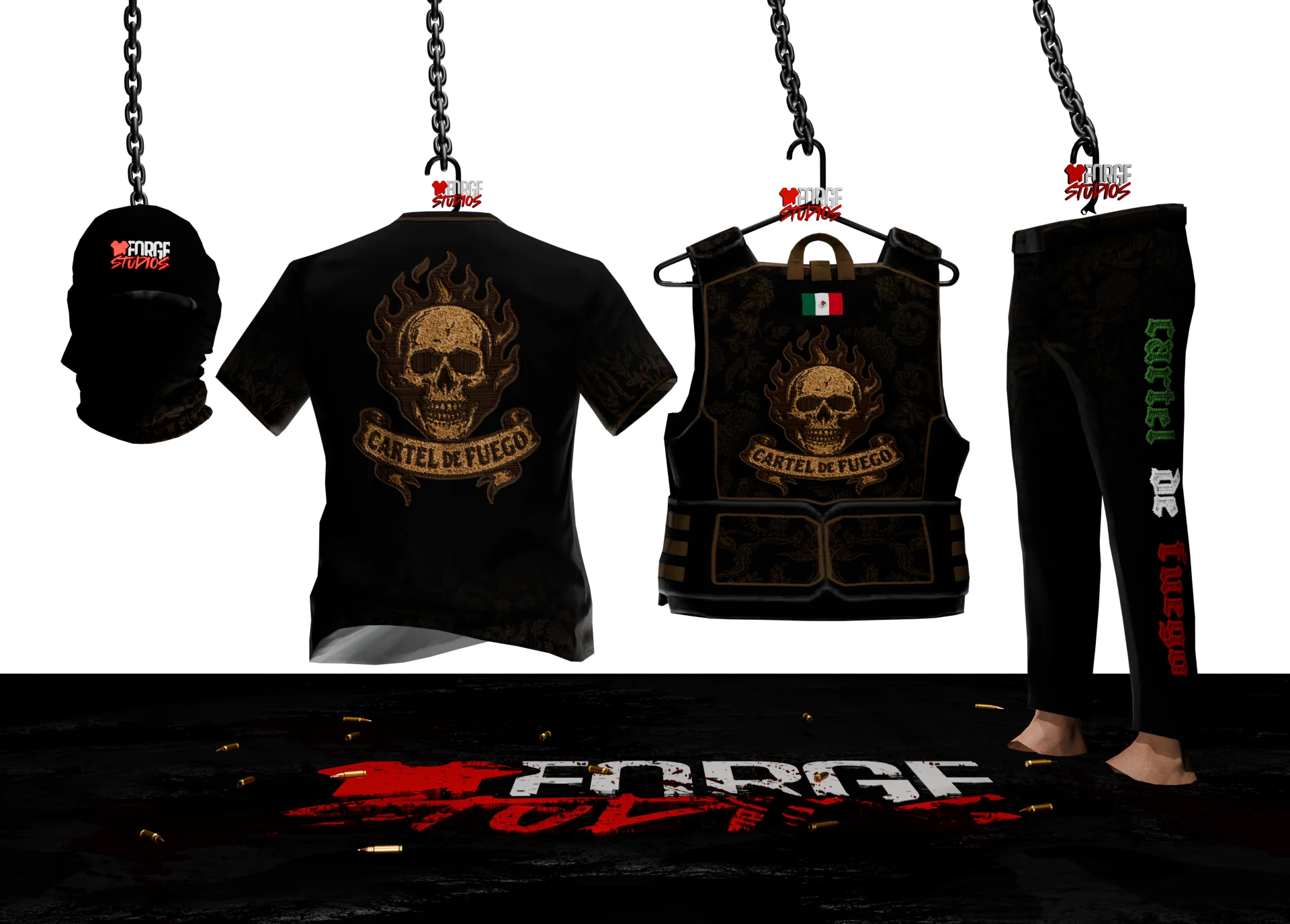 Black clothing set with gold graphics and skull motifs – FiveM faction clothing for GTA RP (Cartel de Fuego)