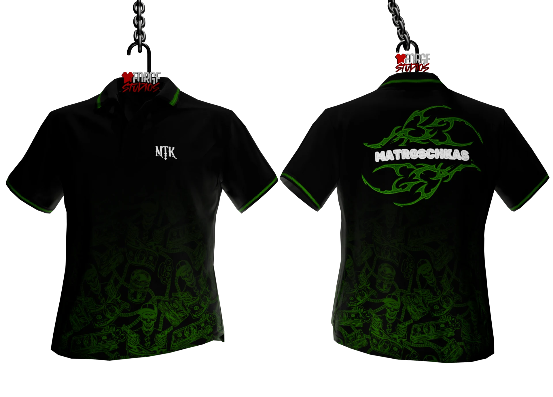 Black polo shirt with green graphics – FiveM faction clothing for GTA RP (Matroschka)