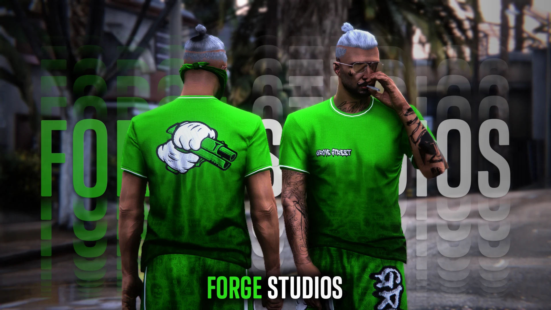 Green street-gang outfits with matching T-shirts and trousers – FiveM gang clothing for GTA RP (Grove Street)