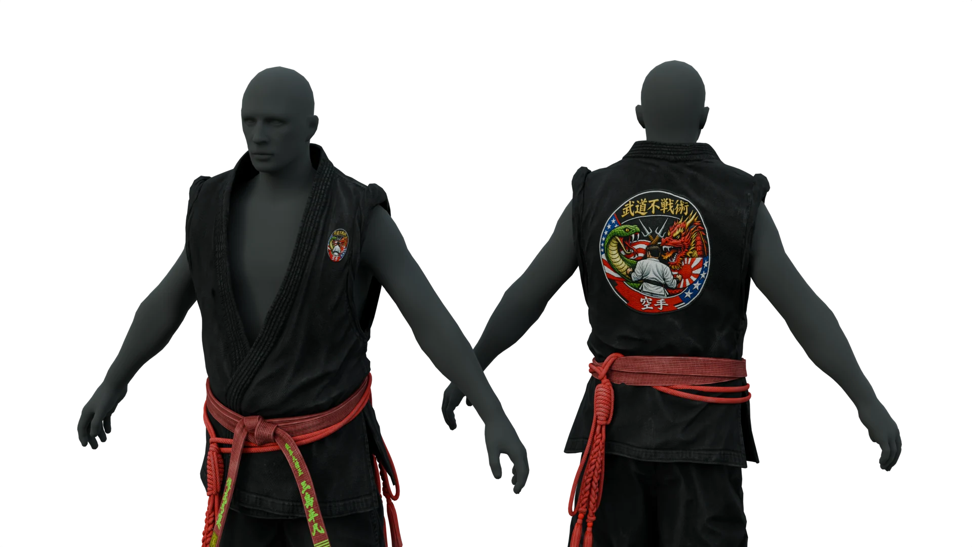 Black karate top with red belt, detail view – FiveM 3D clothing asset (Karate Suit)