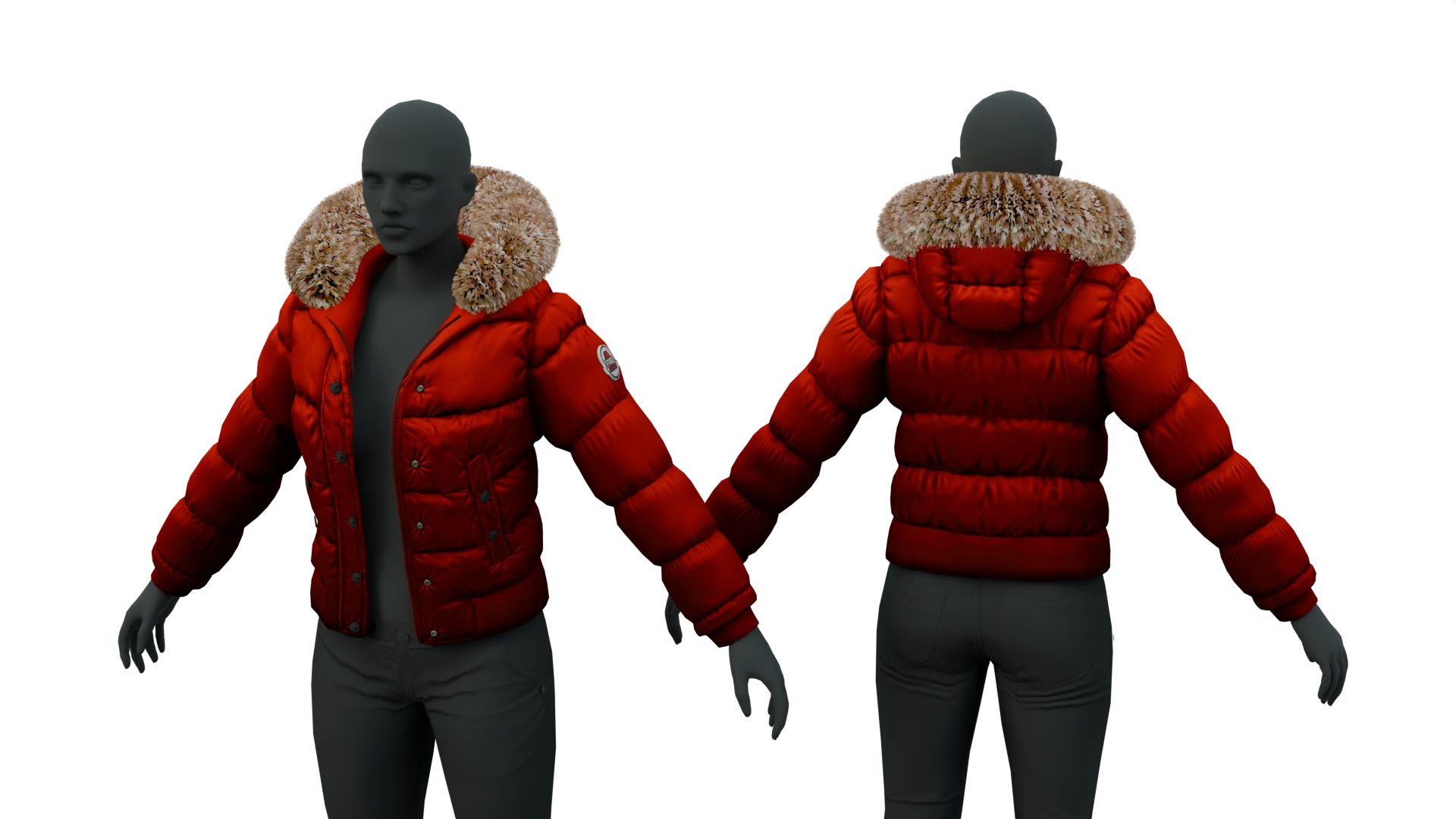 Red puffer jacket with tan fur-trimmed collar – FiveM 3D clothing asset (Puffer Jacket)