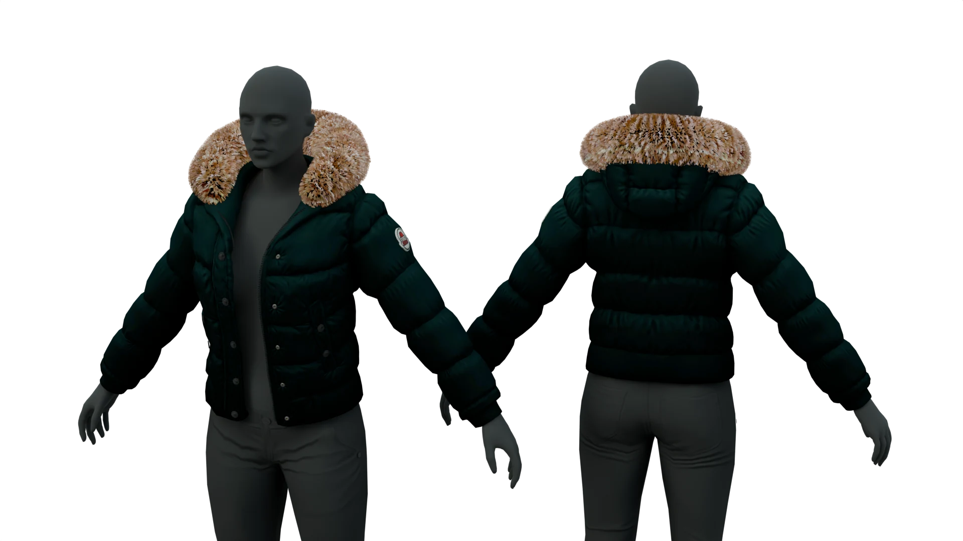 Black puffer jacket with tan fur-trimmed collar – FiveM 3D clothing asset (Puffer Jacket)