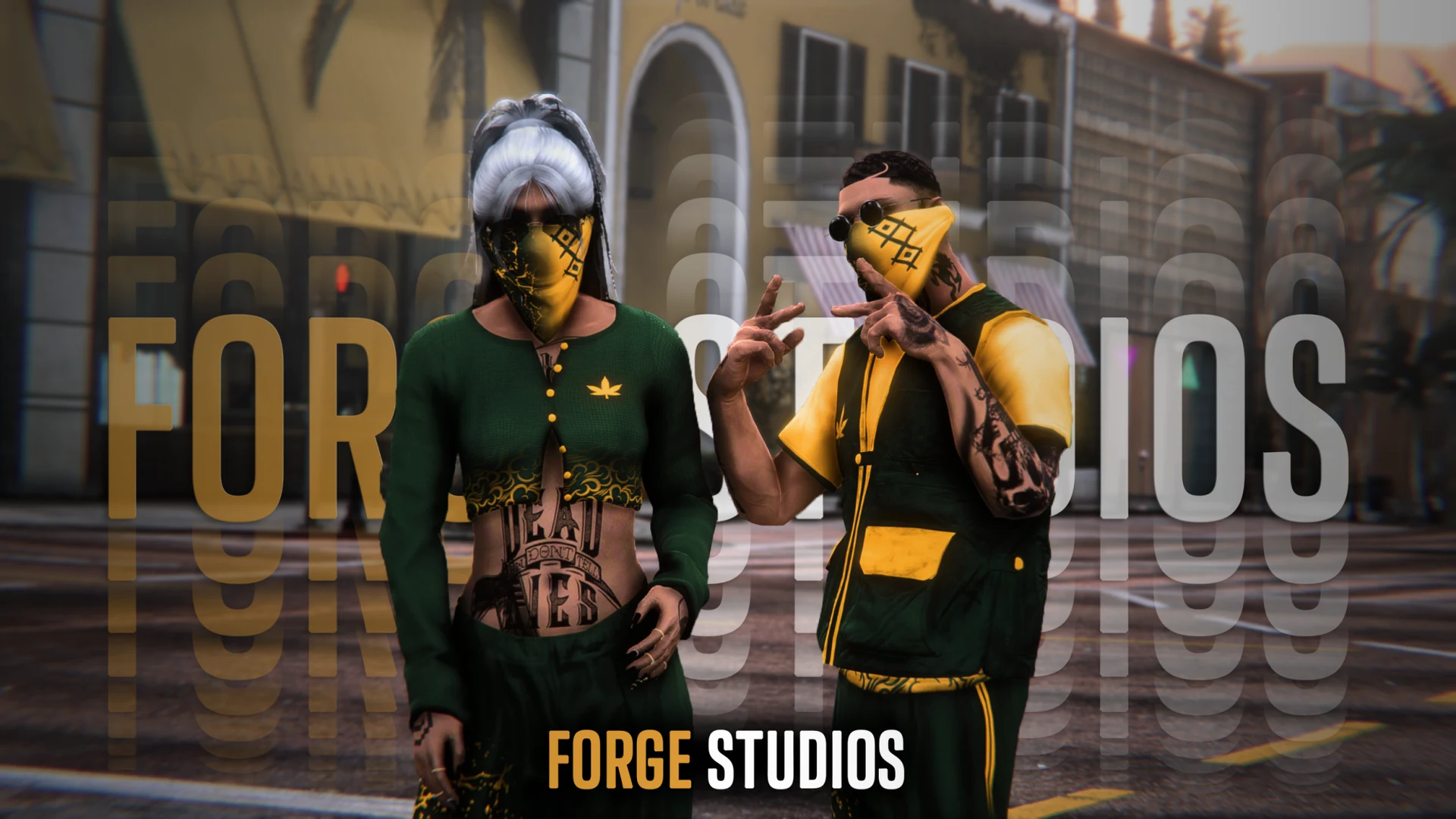 Dark green and yellow outfits on two characters – FiveM gang clothing for GTA RP (Public Enemies)