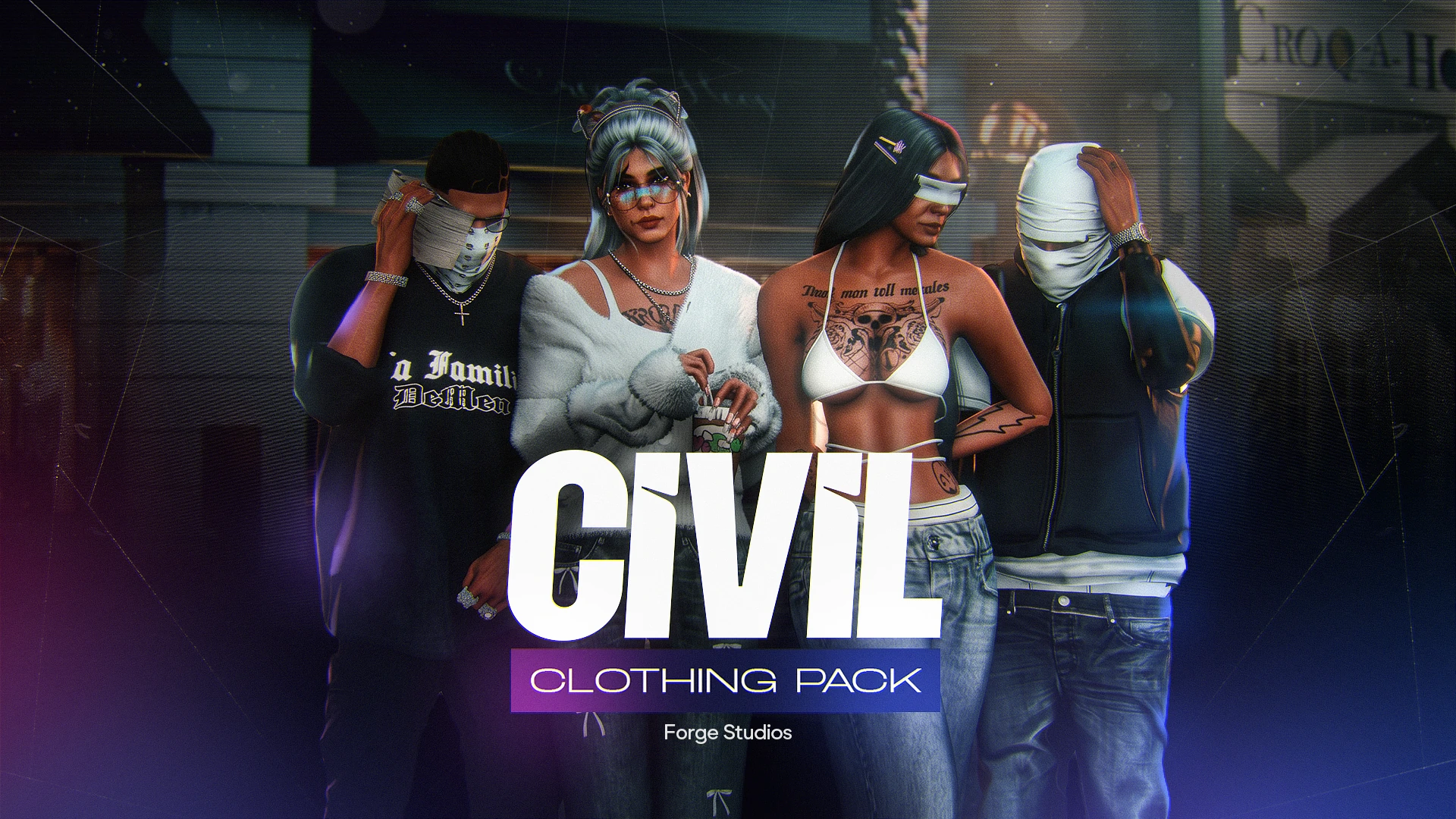Vier Charaktere in Streetwear vor dem Civil Clothing Pack-Schriftzug
